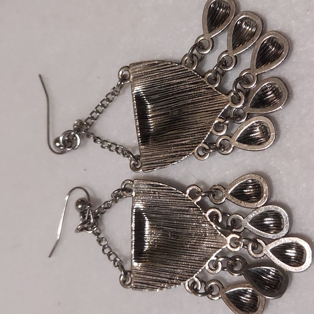 Silvertone Tribal Earrings / Sterling Silver Hooks #54 - Picture 3 of 5